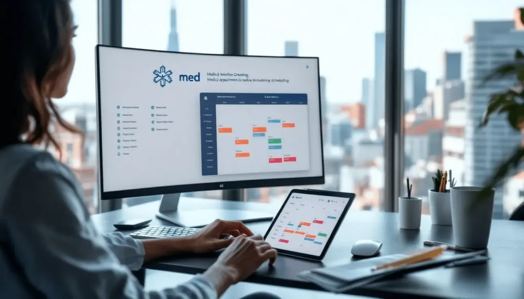 virtual healthcare receptionist working on a schedule on a computer